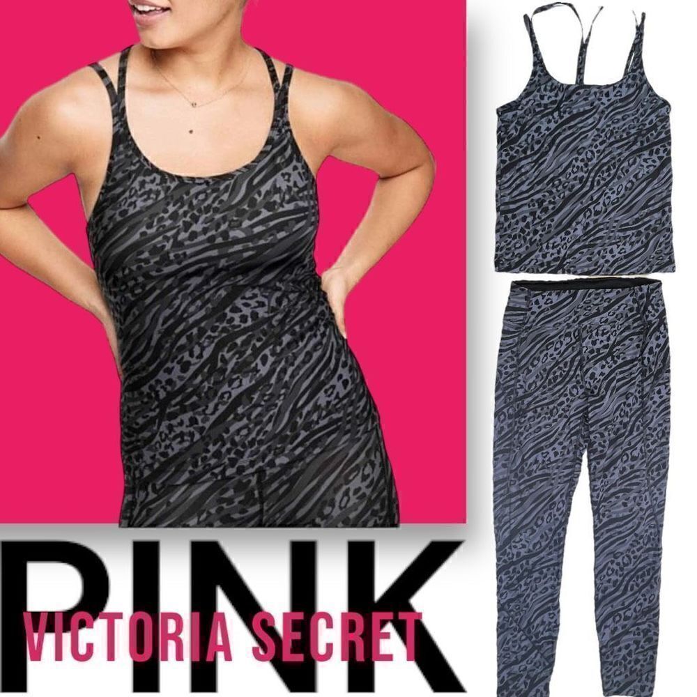 PINK Victoria's Secret Printed Cami Tank Top And Leggings 2 Piece Gray Sz Small
